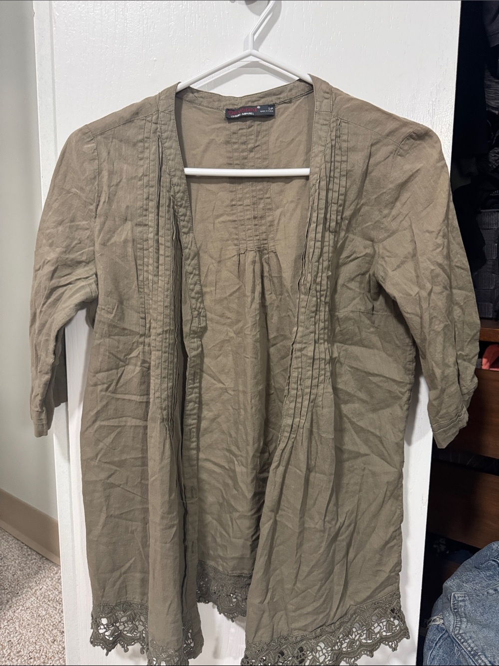 Lightweight Olive Green Crochet-Hem Open Cardigan